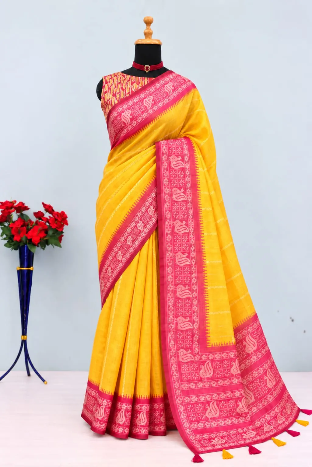 Mustard Yellow Pink Artistic Border Linen Cotton Saree